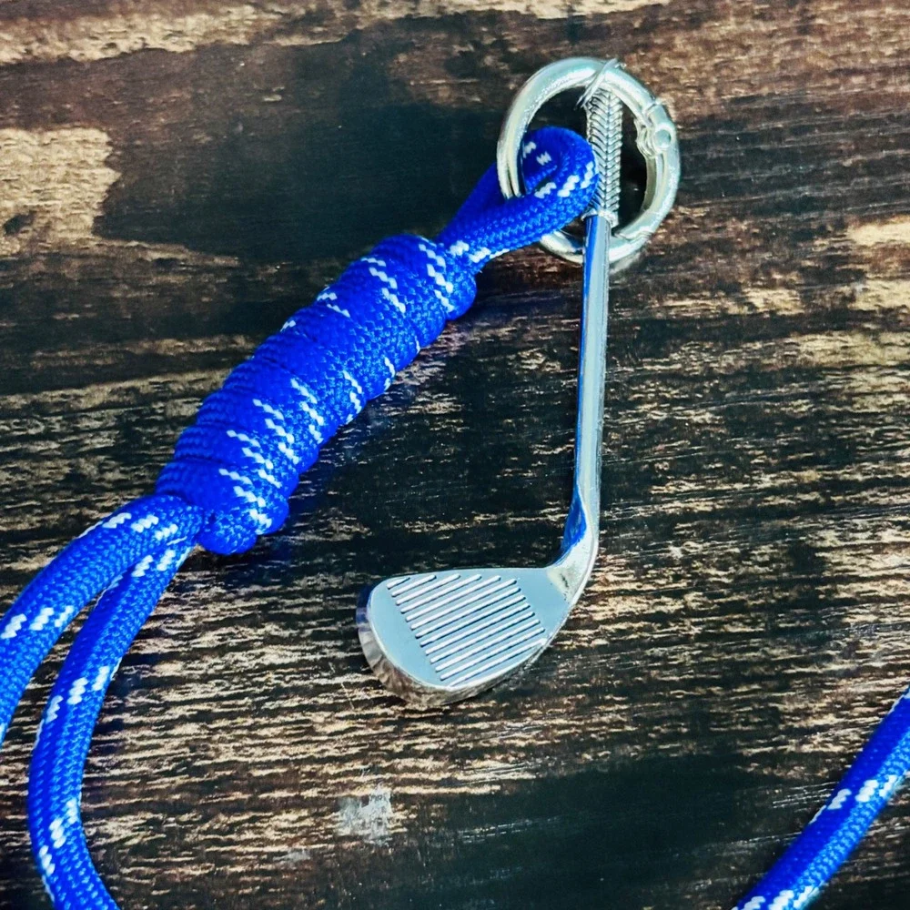 Blue Paracord Golf Club Charm Lanyard Keychain Bag Accessory Silver Tone Iron